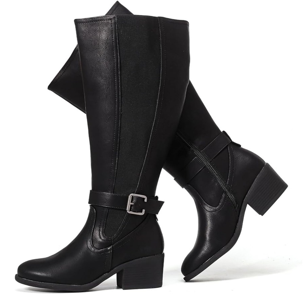 Luoika Womens Black Knee High Boots‎ Block Heel Buckle Accent Riding Boots